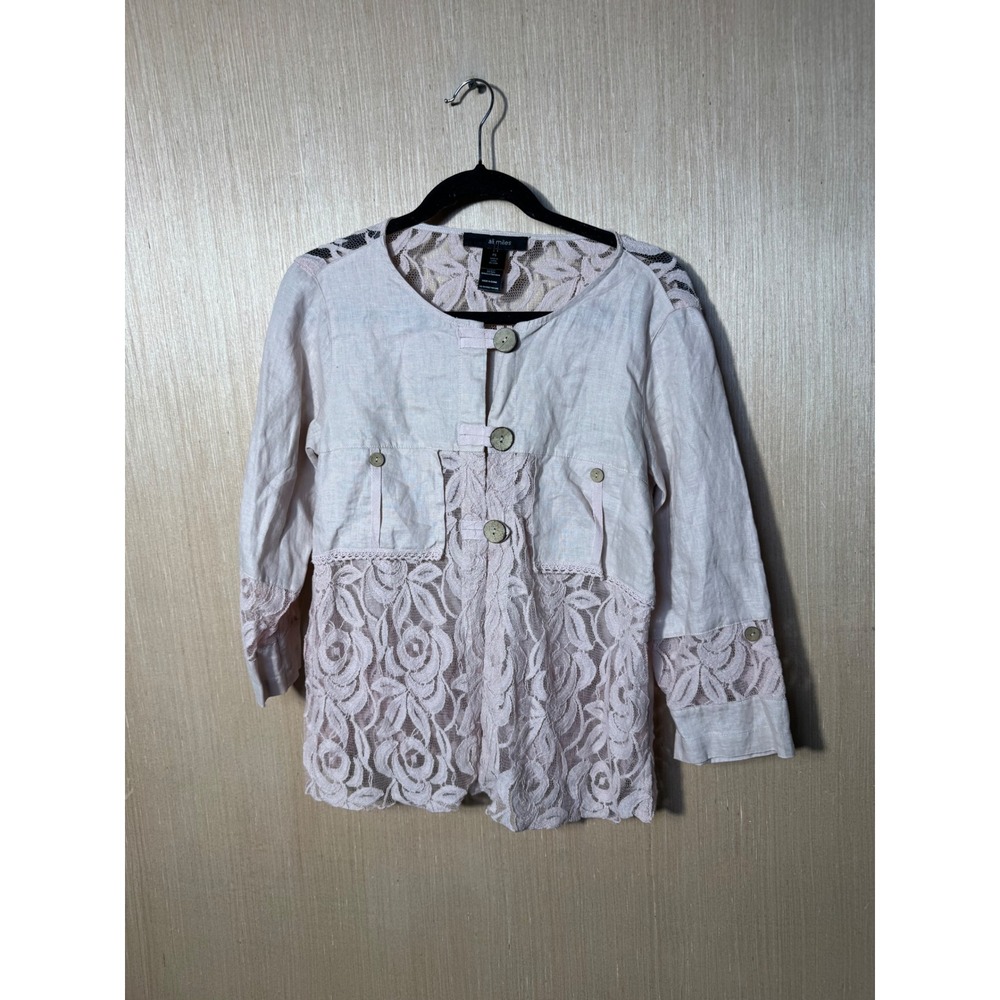 Ali Miles Womens Petite Small Pink Linen Lace Button Front Jacket Art To Wear PS